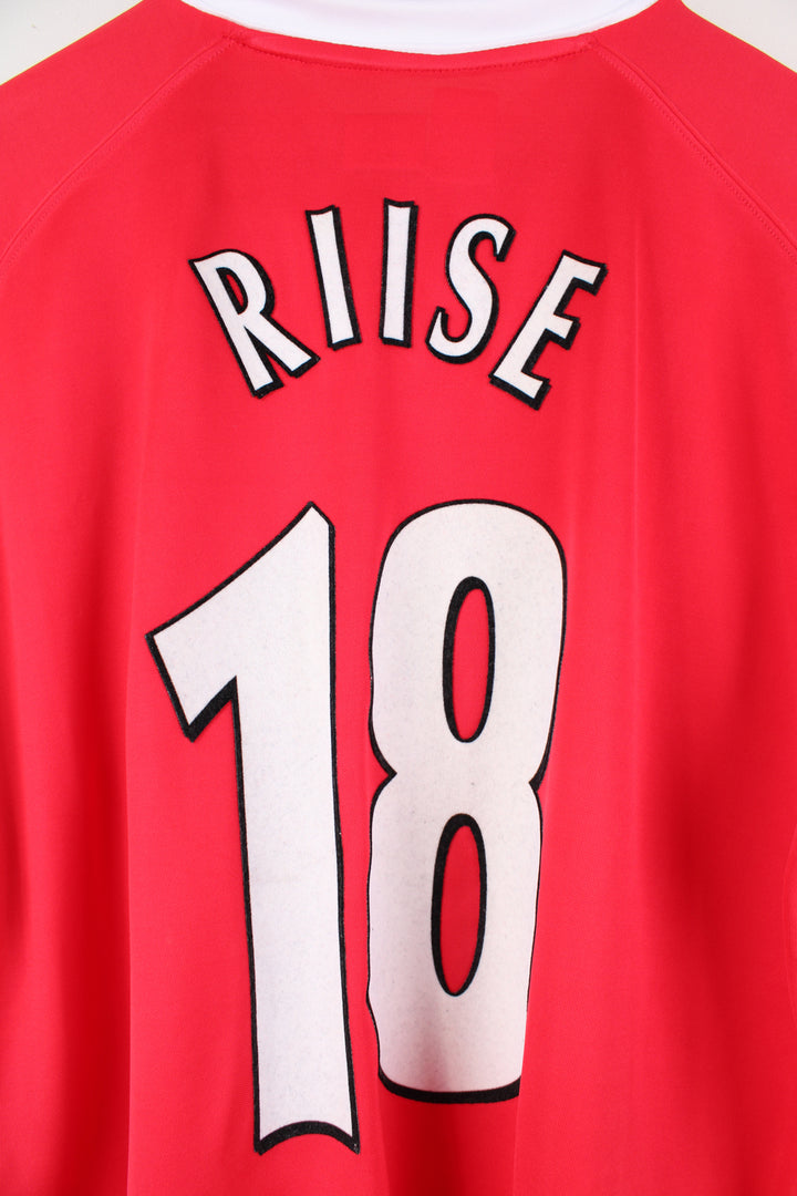 Vintage Liverpool 2001/03 Champions League, Reebok Football Shirt in a red, white and yellow colourway, John Arne Riise number 18 printed on the back, V-neck, and has logos embroidered on the front and sleeve.