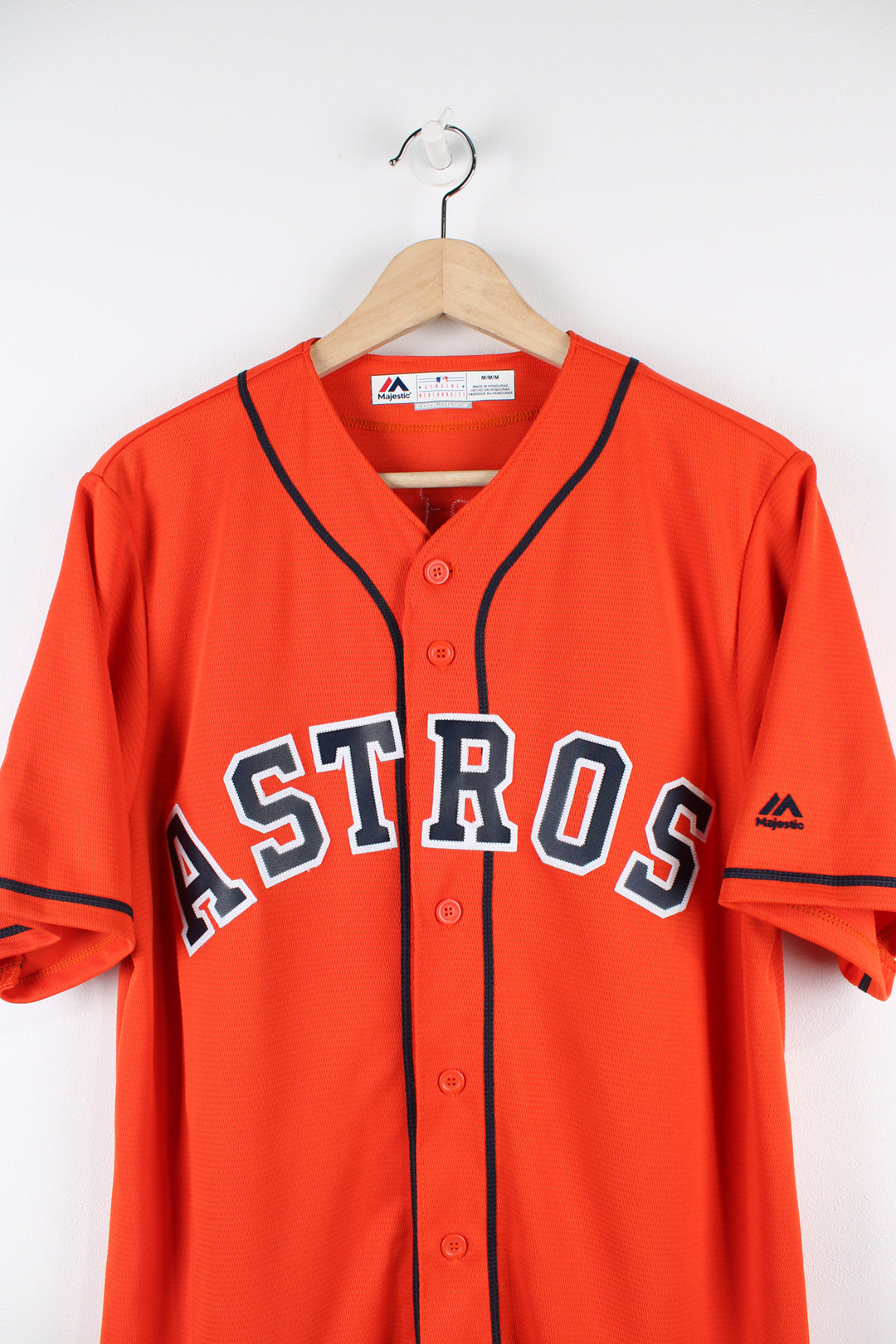 Vintage Houston Astros Majestic jersey in orange and black team colours, Usher #5 kit, button up with Astros spell-out across the front and embroidered logos.