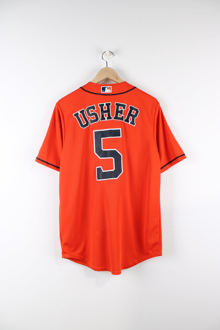 Vintage Houston Astros Majestic jersey in orange and black team colours, Usher #5 kit, button up with Astros spell-out across the front and embroidered logos.