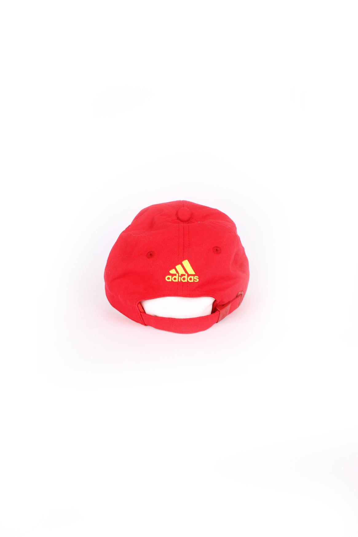 Adidas Football, Spain cap in red and yellow country colours but blue under the peak, 100% cotton, Spain football flag embroidered on the front, and has Adidas stripes as well.