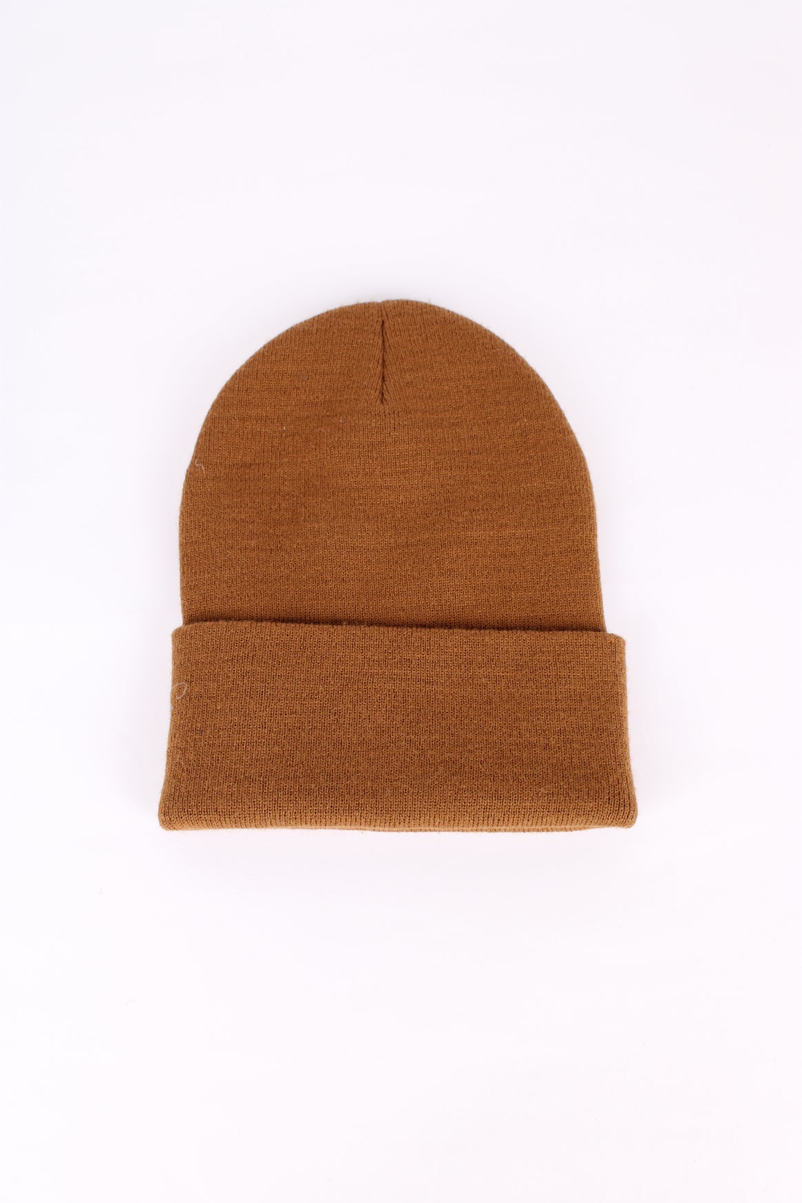 Carhartt brown beanie, cuffed with embroidered logo on the front. 