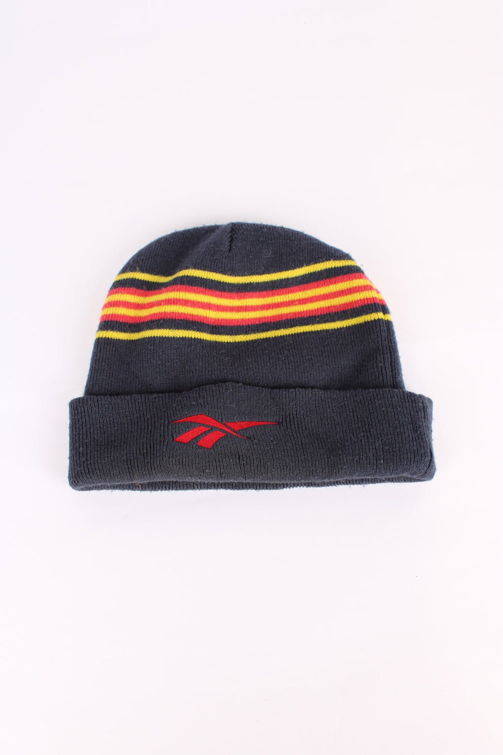 Vintage Liverpool Reebok knitted beanie, blue, red and yellow colourway, cuffed with embroidered logos on the front and back.