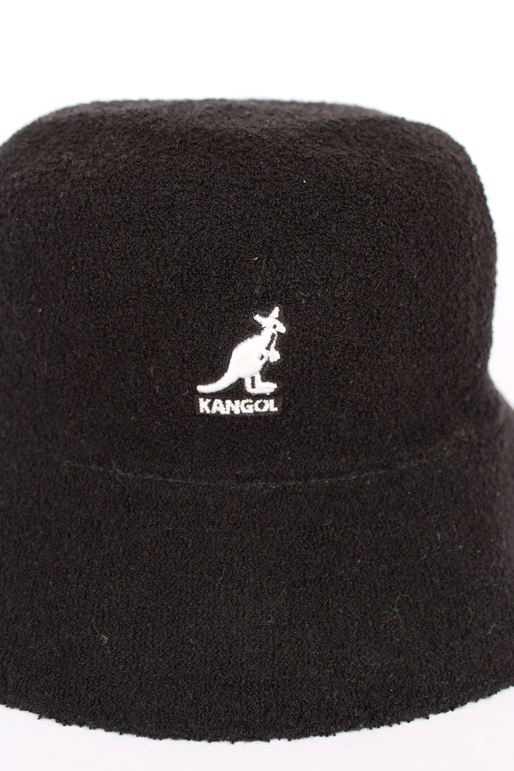 Vintage Kangol Boucle bucket hat in black, has the Kangol logo embroidered in white. 