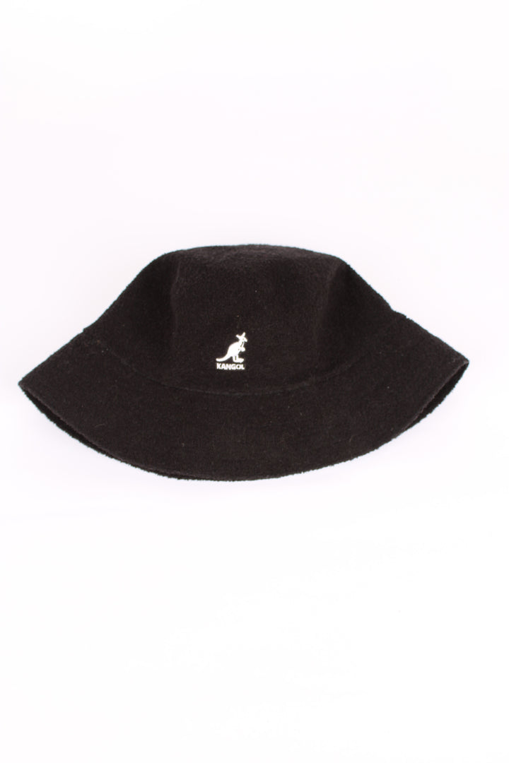 Vintage Kangol Boucle bucket hat in black, has the Kangol logo embroidered in white. 