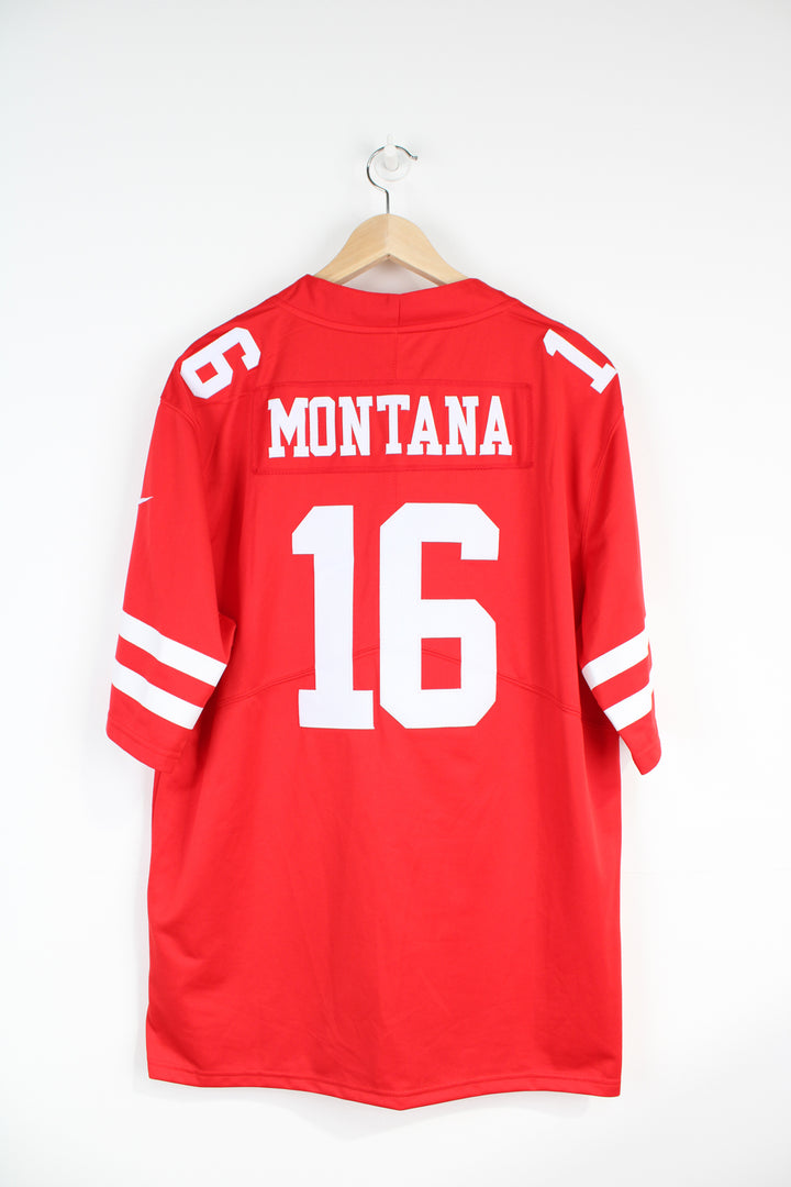 All red San Francisco 49ERS NFL jersey, by Nike. with embroidered name on the back Joe Montana #16