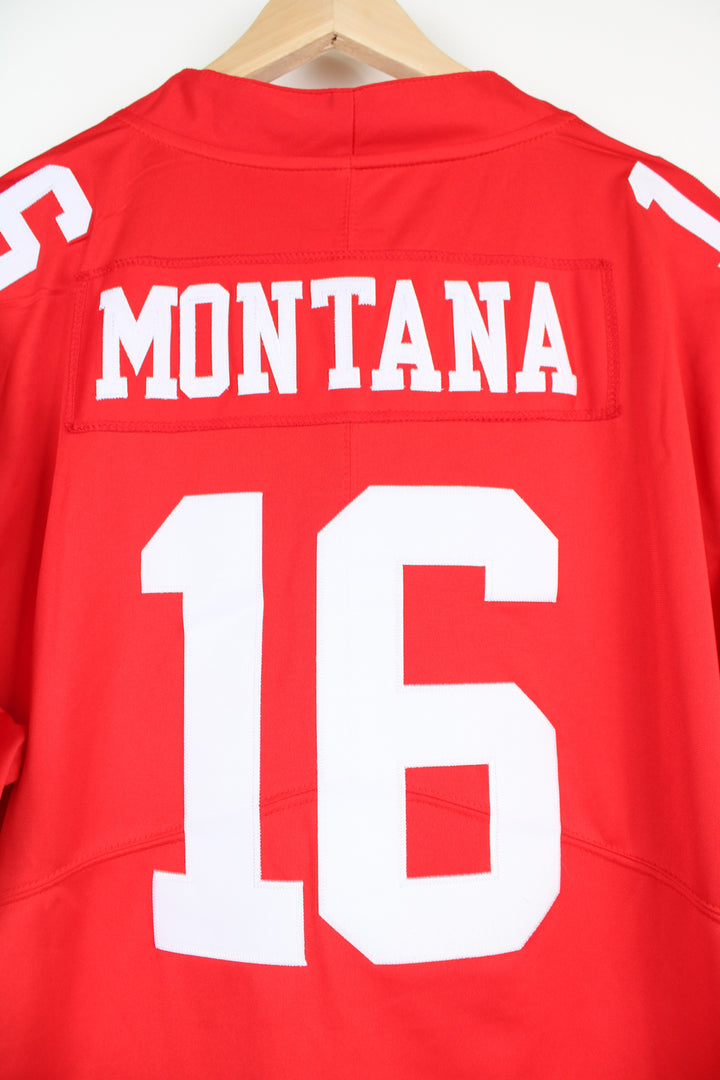 All red San Francisco 49ERS NFL jersey, by Nike. with embroidered name on the back Joe Montana #16