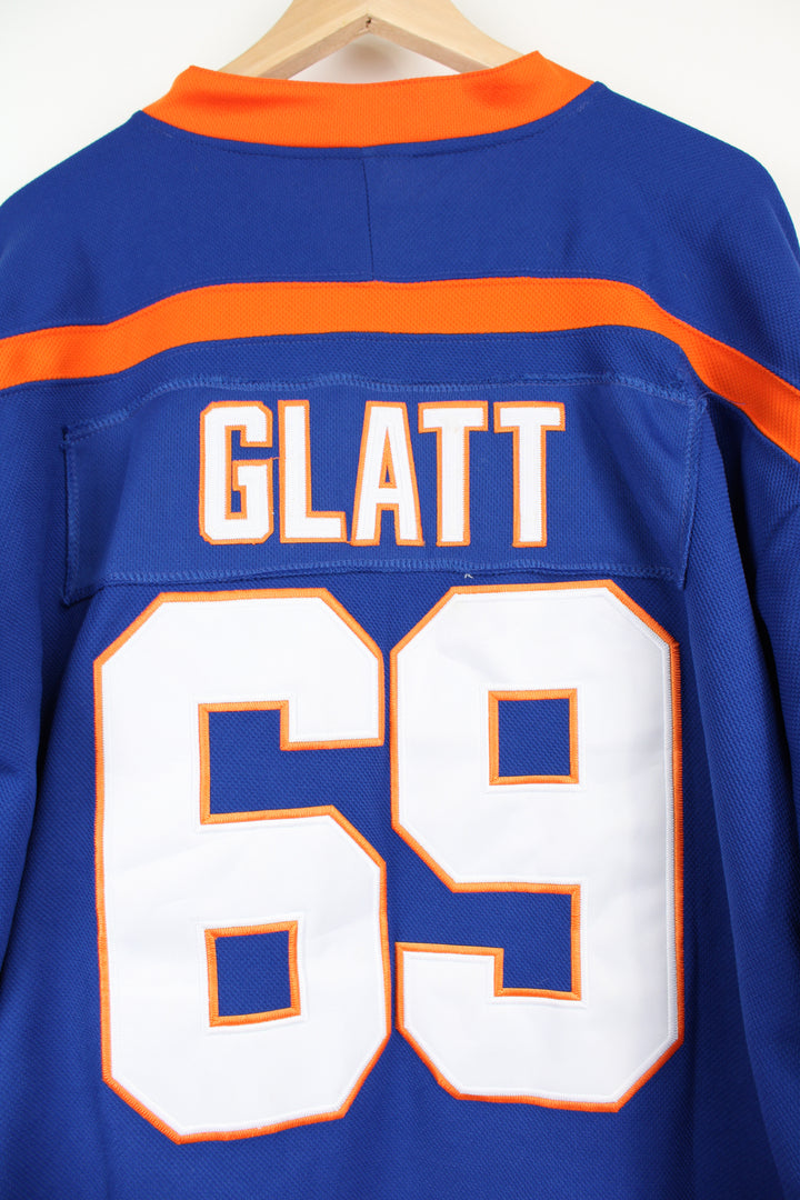 Blue and orange #69 Doug Glatt Halifax Highlanders NHL jersey, with embroidered lettering and badges.