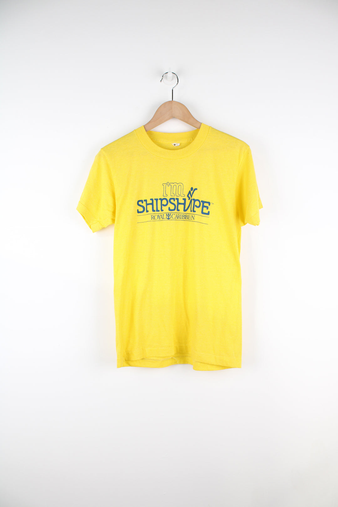 80's Royal Caribbean yellow single stitch t-shirt, made in the USA with spell-out graphic 'I'm shipshape' on the front  