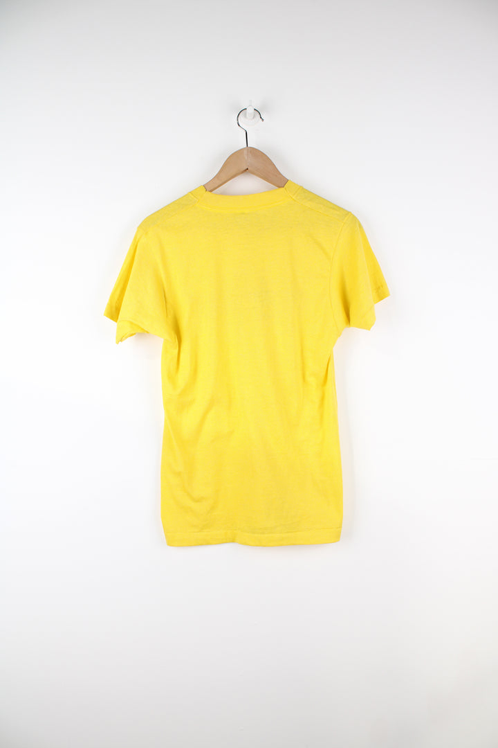 80's Royal Caribbean yellow single stitch t-shirt, made in the USA with spell-out graphic 'I'm shipshape' on the front  