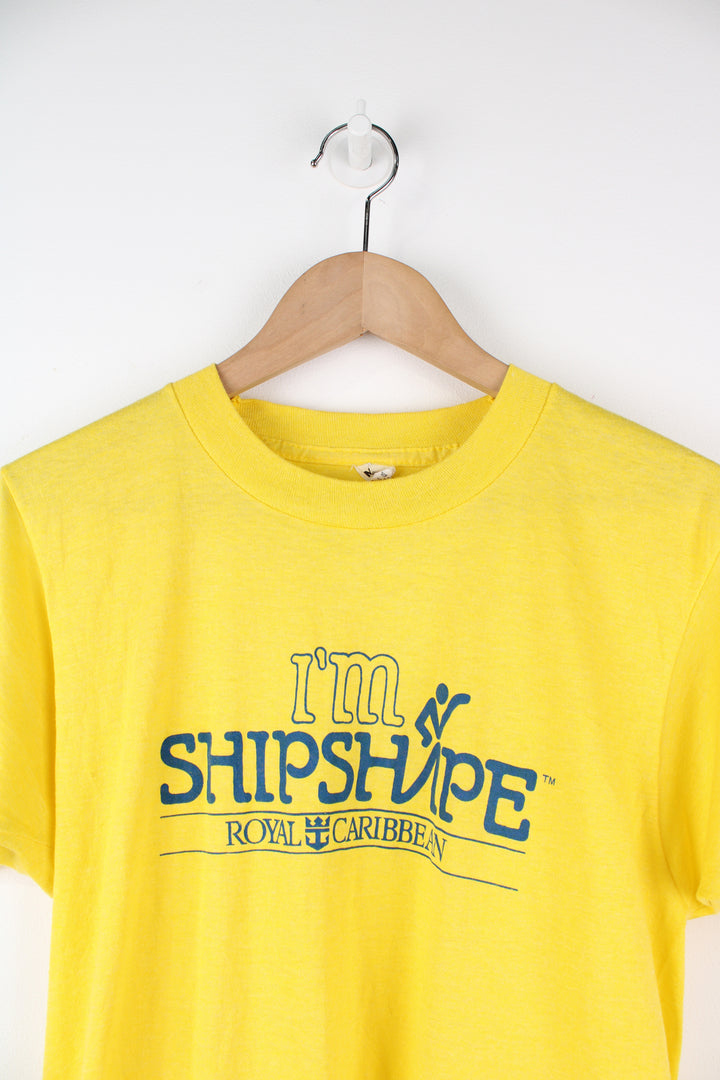 80's Royal Caribbean yellow single stitch t-shirt, made in the USA with spell-out graphic 'I'm shipshape' on the front  