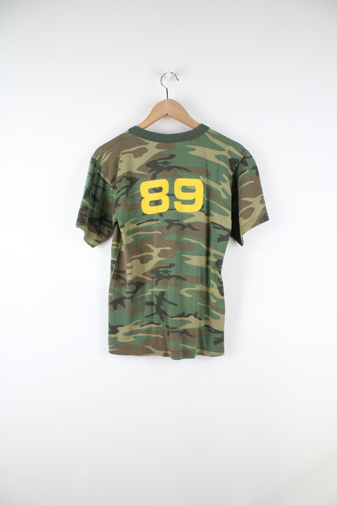 Vintage Cub Scout camouflage t-shirt, features spell-out graphic on the front and #89 on the back