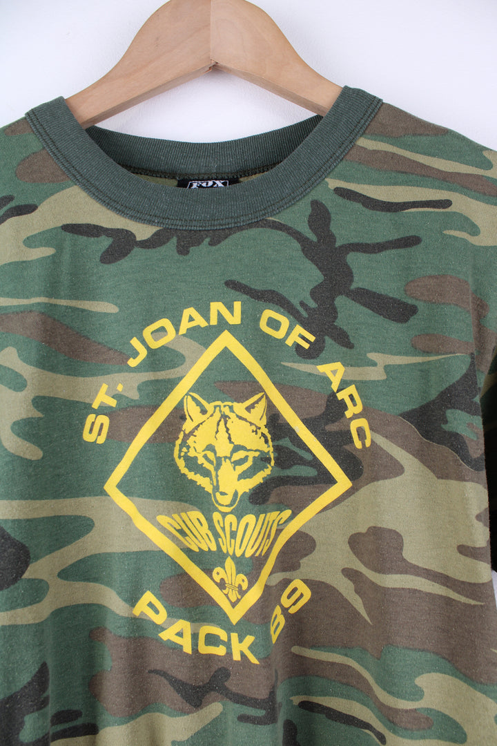 Vintage Cub Scout camouflage t-shirt, features spell-out graphic on the front and #89 on the back