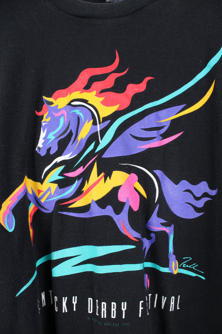 Vintage 1995 Kentucky Derby black single stitch t-shirt by Fruit of Loom, features multicoloured graphic on the front 