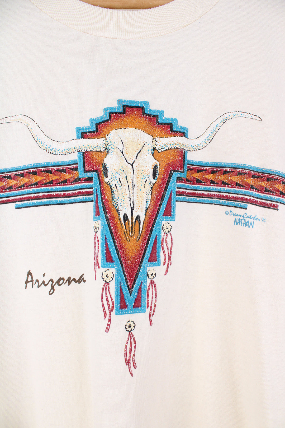 Vintage Arizona single stitch t-shirt in cream, features cow skull graphic on the front 