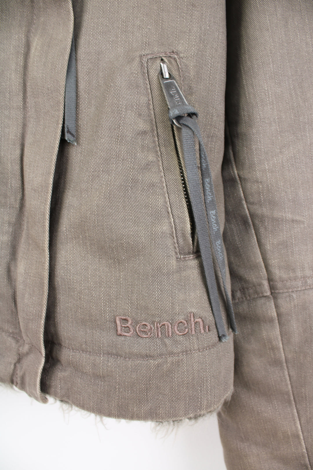 Vintage Bench zip through, grey cotton jacket features multiple pockets and faux shearling effect lining and collar