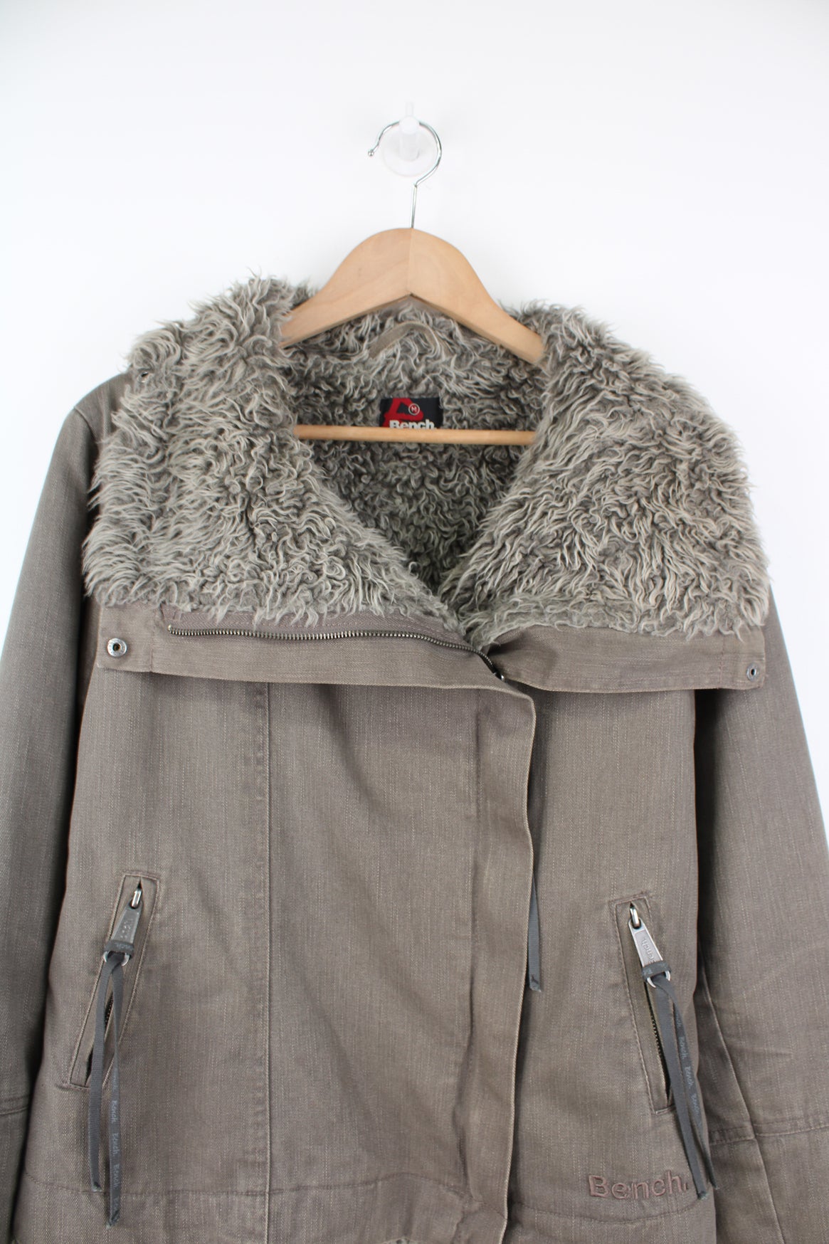 Vintage Bench zip through, grey cotton jacket features multiple pockets and faux shearling effect lining and collar