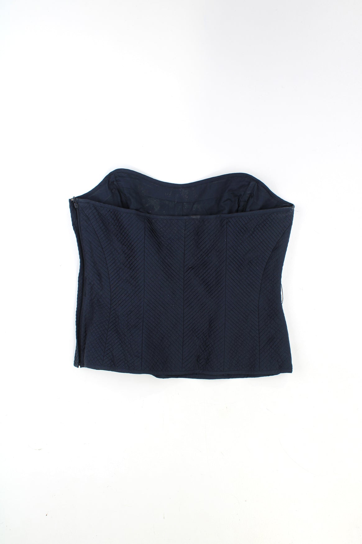 Navy blue Y2K Coast corset top, made from 100% cotton, features beautiful pleated detailing throughout closes with zip on the side.