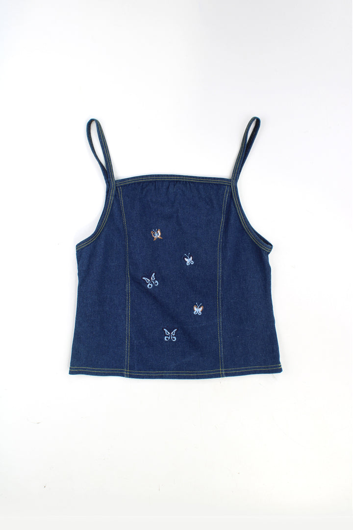 Y2K denim cami crop top, with spaghetti straps and embroidered butterflies on the front, made from stretch denim