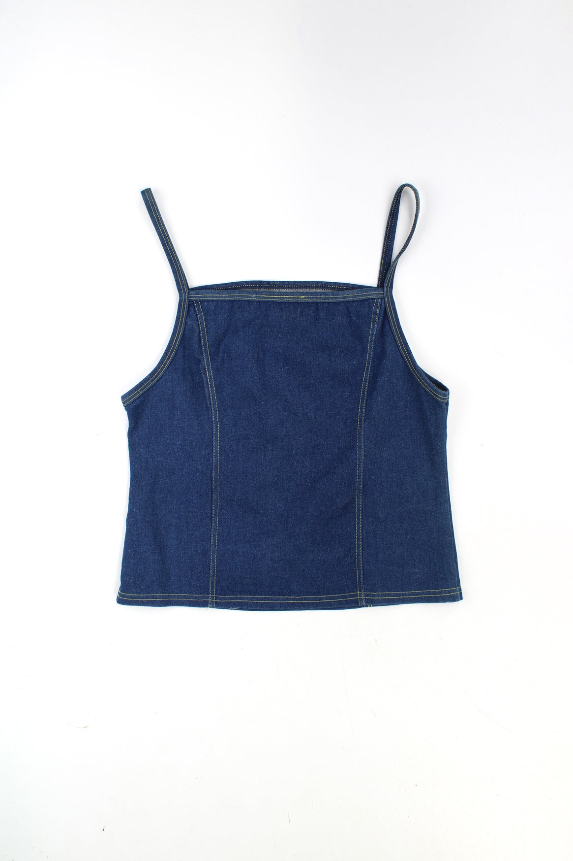 Y2K denim cami crop top, with spaghetti straps and embroidered butterflies on the front, made from stretch denim