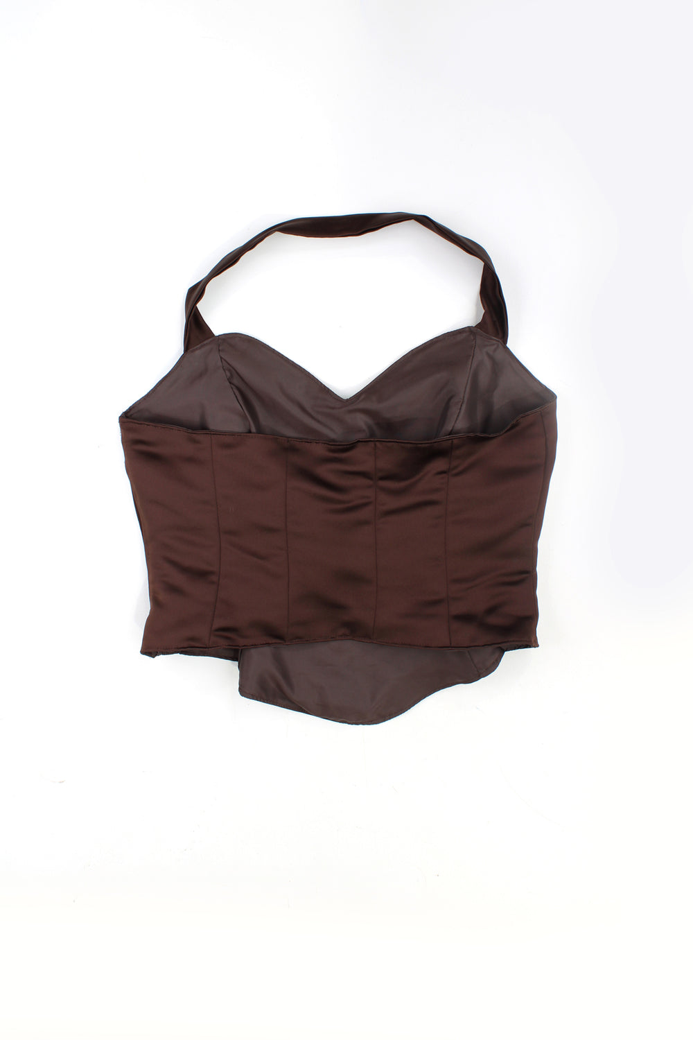 Y2K brown satin halter neck corset top, features embroidered motif and beading detailing on the front closes with zip on the side.