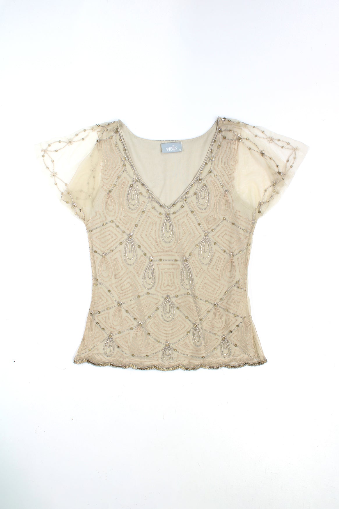 Vintage Y2K Wallis mesh cami top with floaty sleeves sequin/beaded embellishments all over