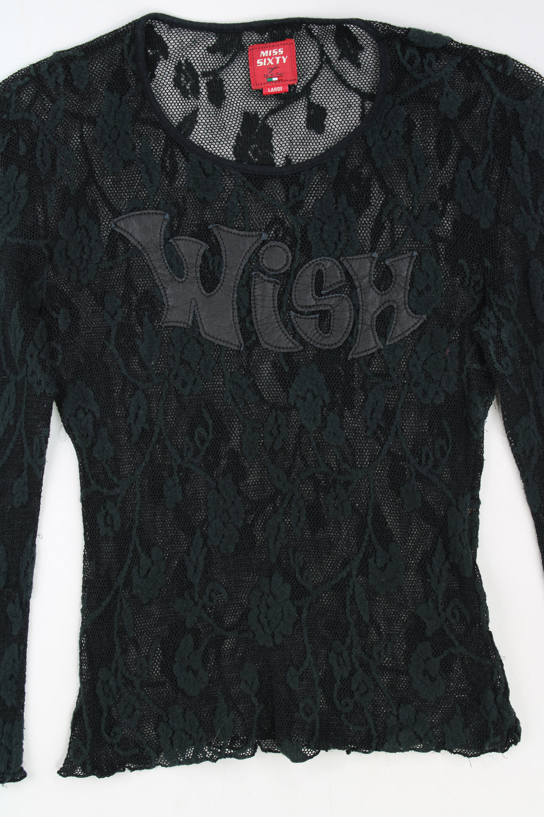 Miss Sixty black lace top, features embroidered faux leather spell-out 'Wish' on the front