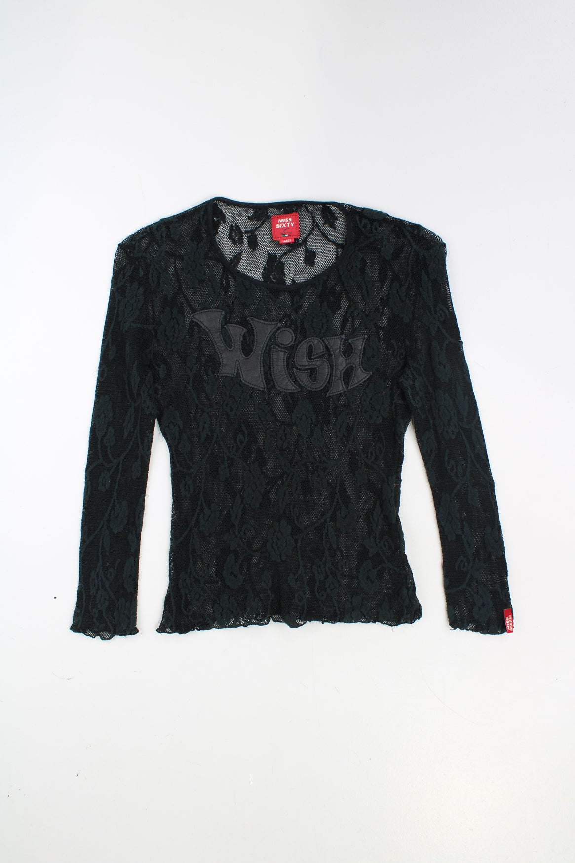 Miss Sixty black lace top, features embroidered faux leather spell-out &