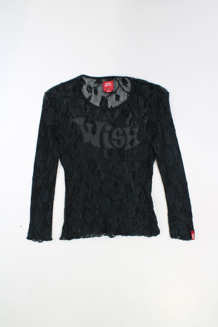 Miss Sixty black lace top, features embroidered faux leather spell-out 'Wish' on the front