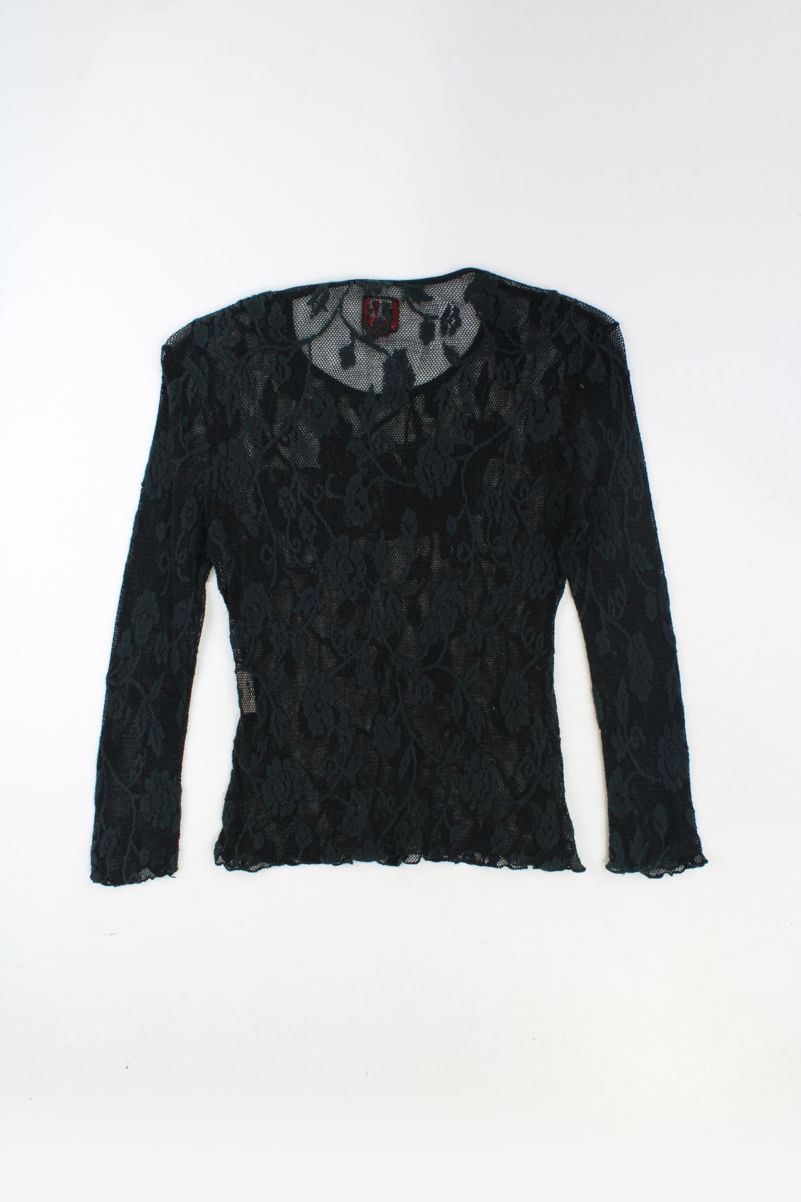 Miss Sixty black lace top, features embroidered faux leather spell-out &