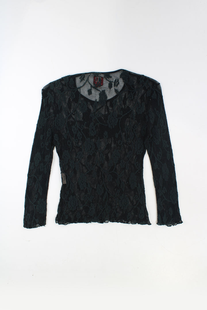 Miss Sixty black lace top, features embroidered faux leather spell-out 'Wish' on the front