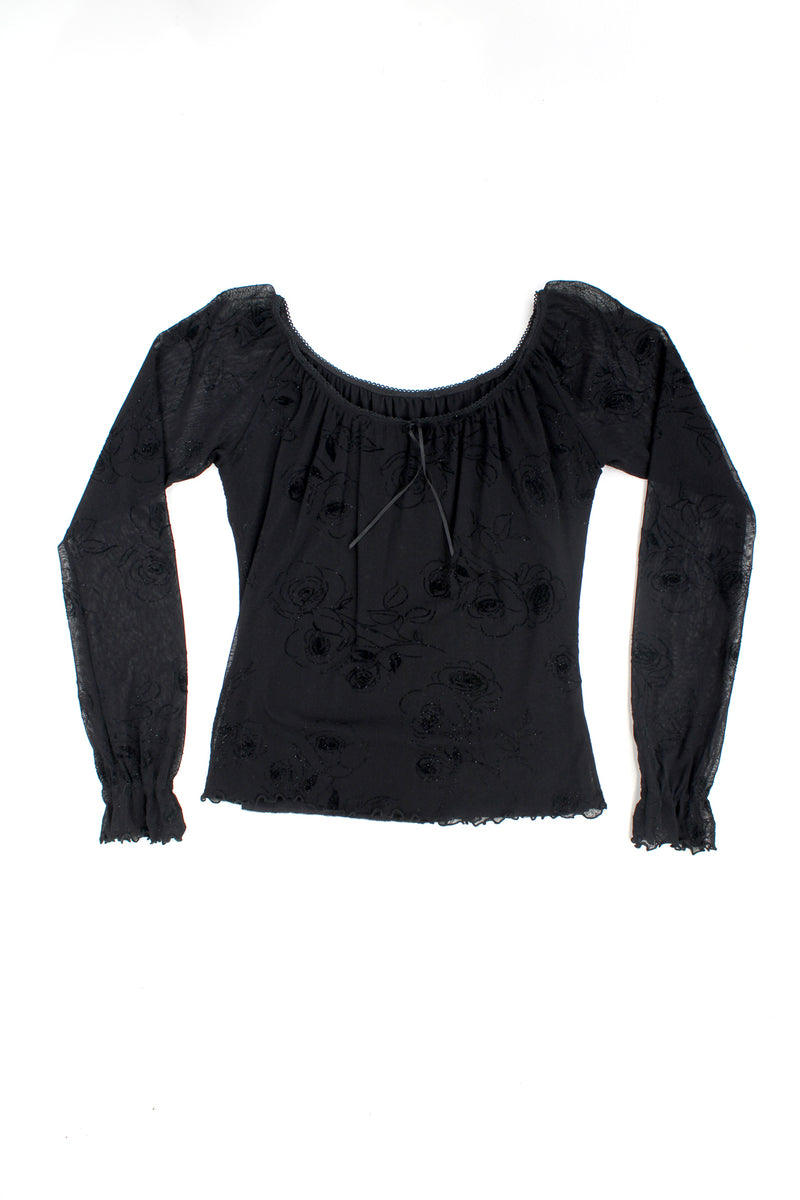 Y2K black mesh overlaid top, features embroidered glittery rose print design, ruffled cuffs and ribbon on the neckline