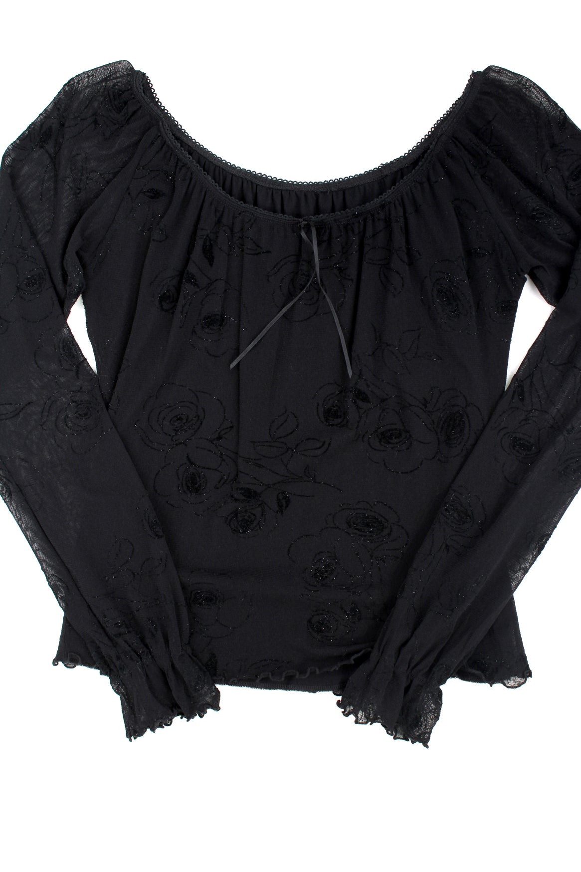 Y2K black mesh overlaid top, features embroidered glittery rose print design, ruffled cuffs and ribbon on the neckline