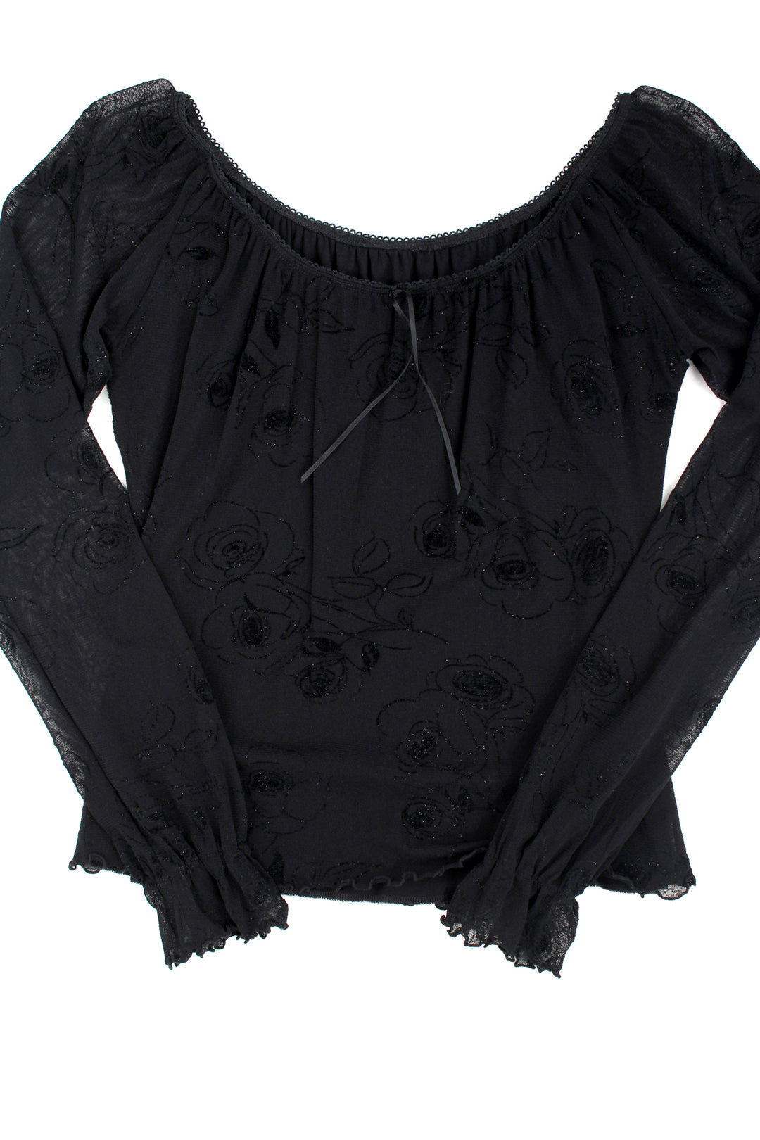 Y2K black mesh overlaid top, features embroidered glittery rose print design, ruffled cuffs and ribbon on the neckline