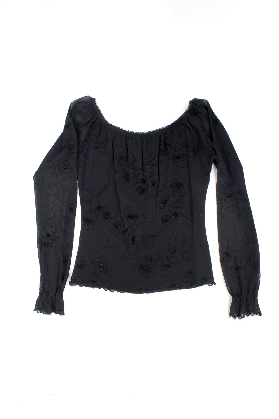 Y2K black mesh overlaid top, features embroidered glittery rose print design, ruffled cuffs and ribbon on the neckline