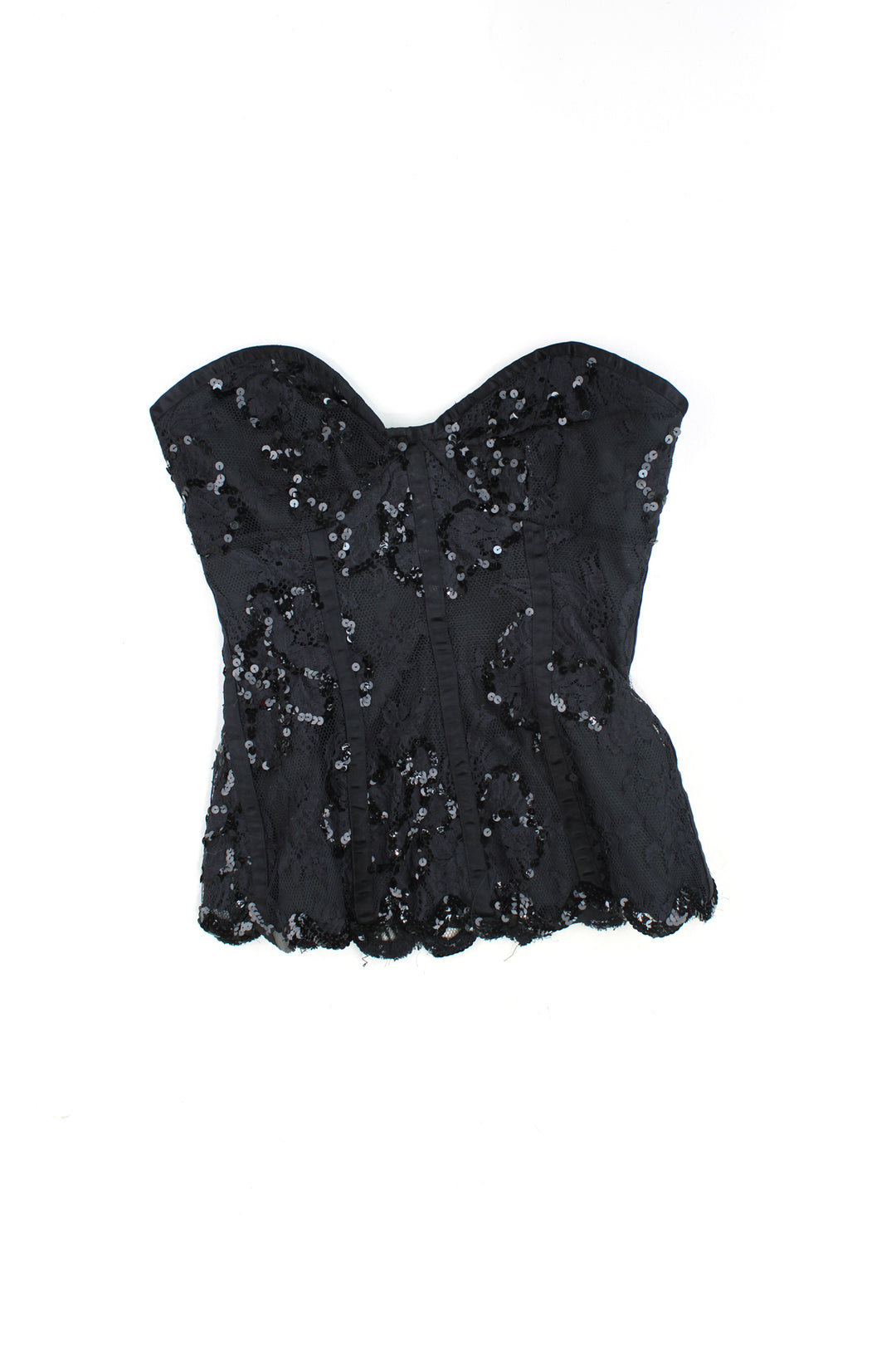 Black Y2K corset top. Made from a slightly stretchy black satin style fabric with lace and sequin embellishment. Closes with zip at the back