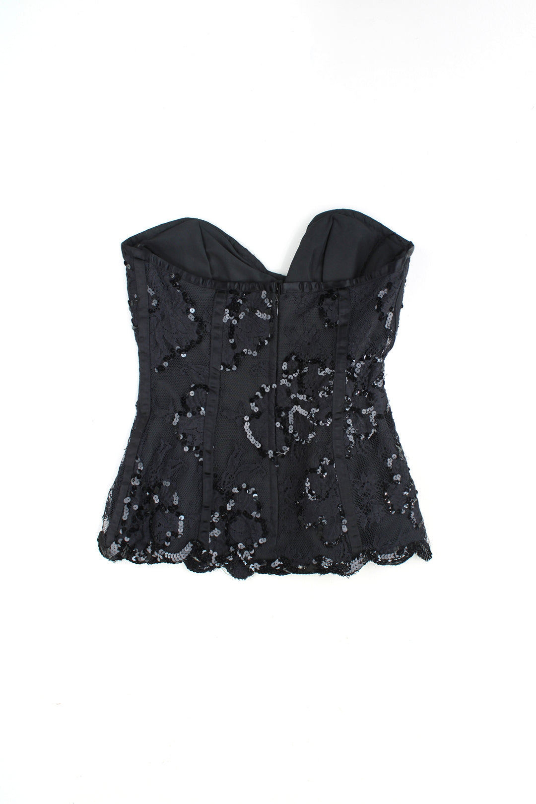 Black Y2K corset top. Made from a slightly stretchy black satin style fabric with lace and sequin embellishment. Closes with zip at the back