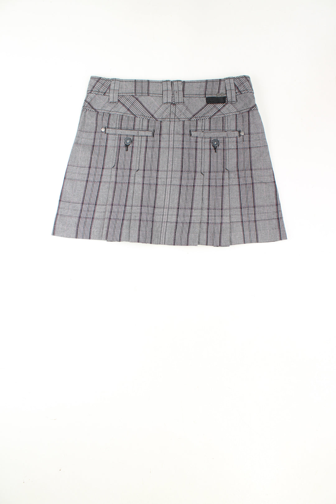 Y2K grey check pleated mini skirt made by Esprit. Could be worn high waisted or mid rise rise depending on measurement. good condition Size in Label: Womens 42 - Would estimate that it would fit a size 12 (L) best.