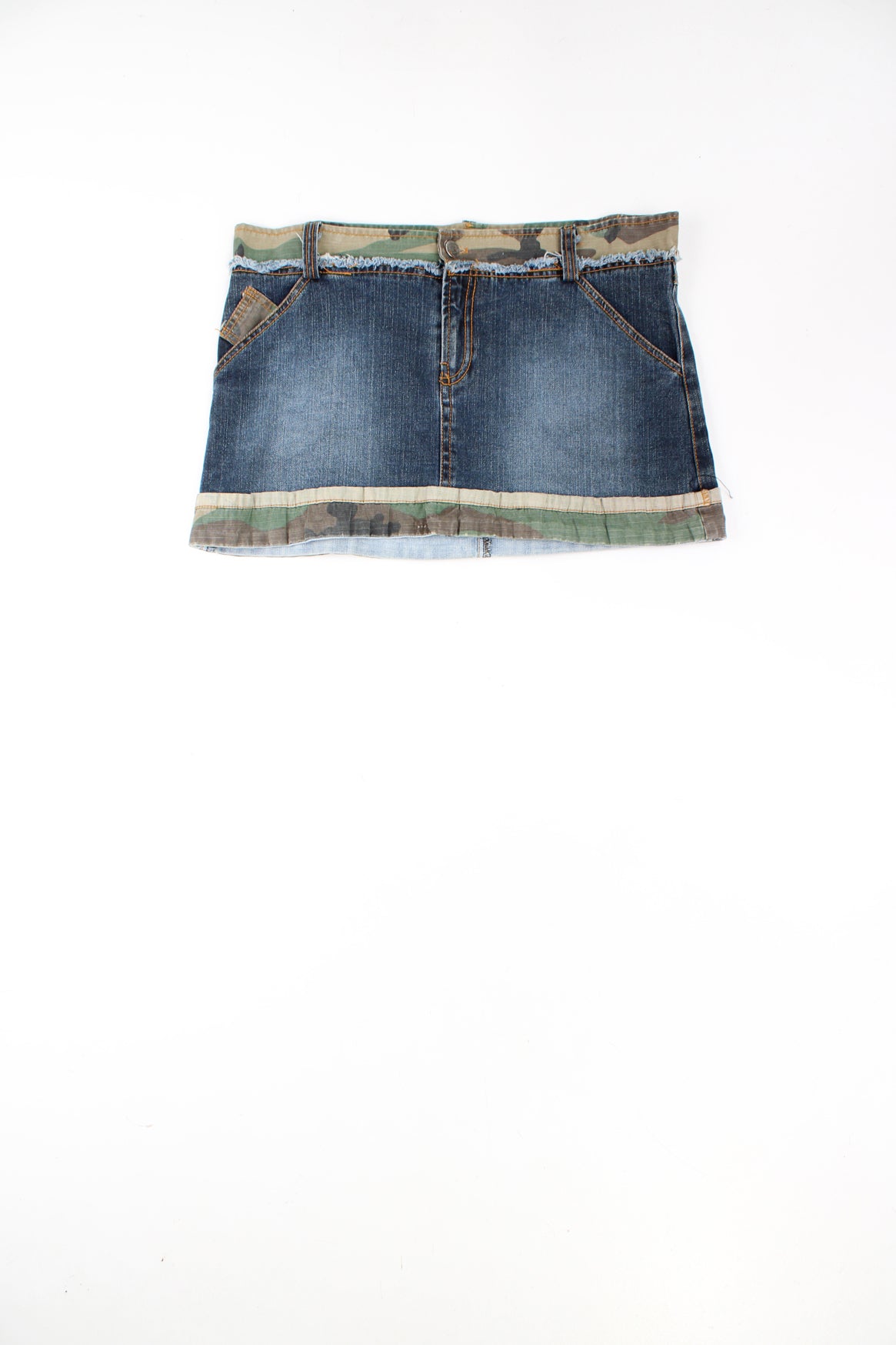 Y2K blue denim mini skirt. Low rise fit with camouflage trim around the hem and waistband good condition Size in Label: Womens M 