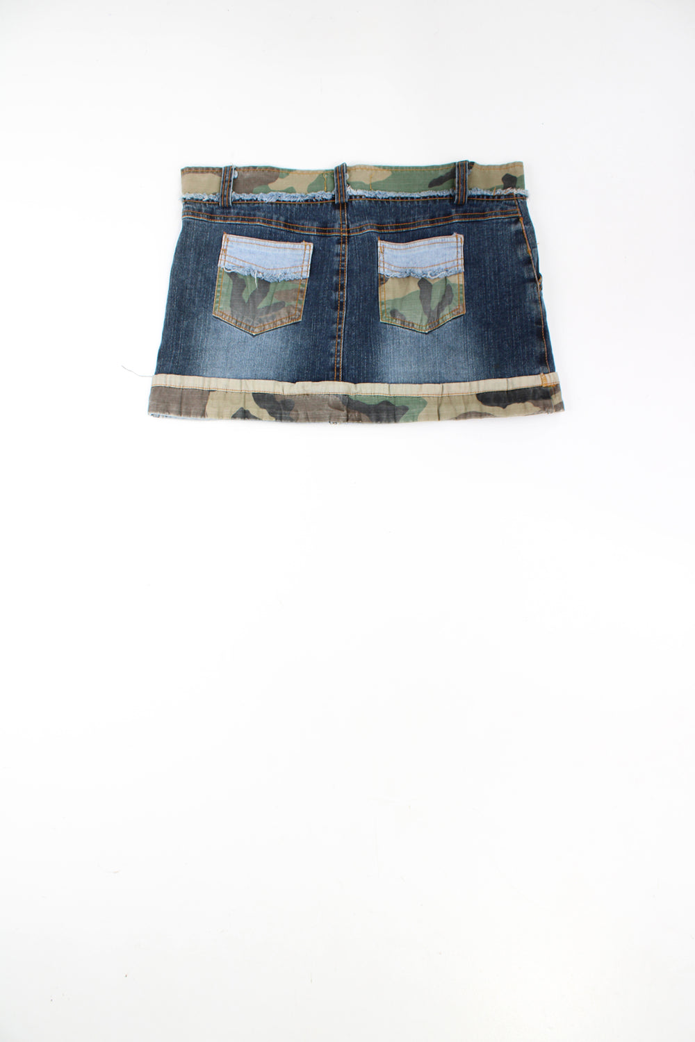 Y2K blue denim mini skirt. Low rise fit with camouflage trim around the hem and waistband good condition Size in Label: Womens M 