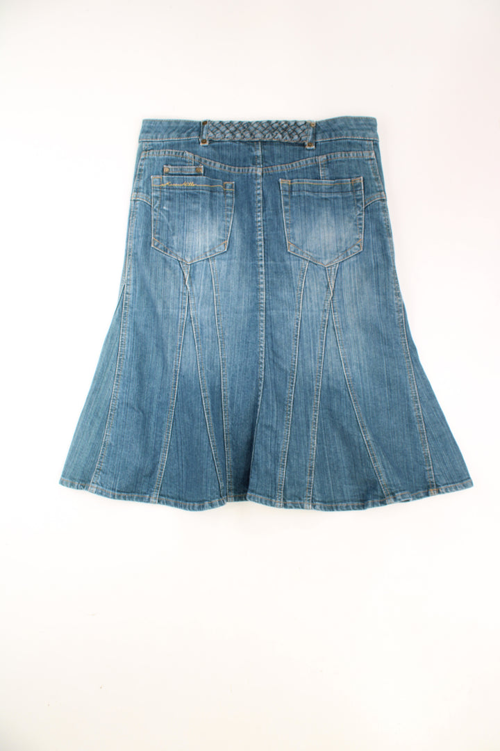 Y2K blue denim midi skirt by Karen Millen. Could be worn mid or low rise depending on measurements. Features braided detail on the belt loops and flair at the hem. good condition Size in Label: Womens 12