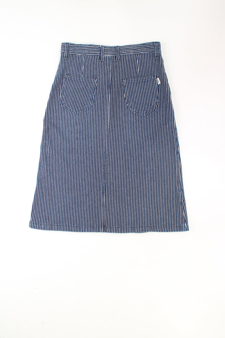 Vans blue and white pinstripe denim midi skirt. Features belt loops and two front patch pockets. good condition Size in Label: Womens S