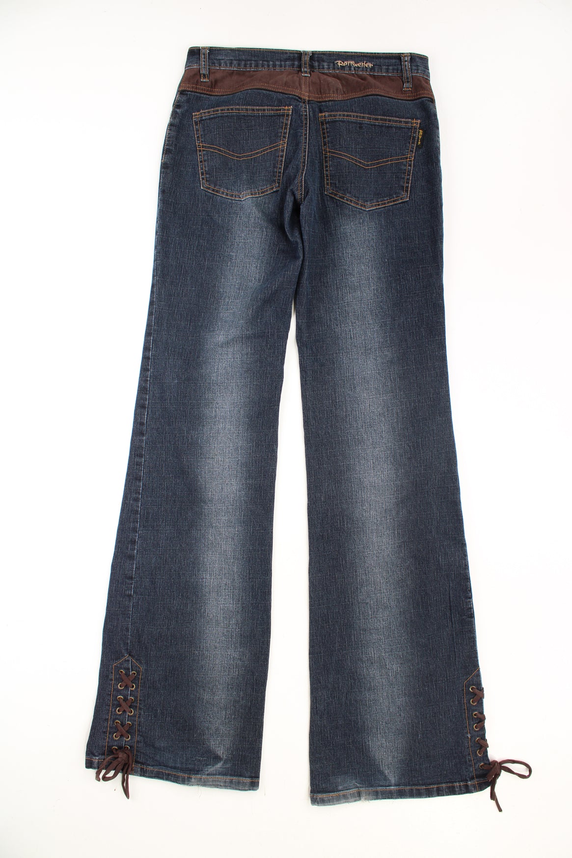 Y2K Rottweiler low rise bootcut jeans with embroidered faux suede cut out detail on the legs and lace up detail on the cuffs. good condition  Size in Label: 40 - Womens M