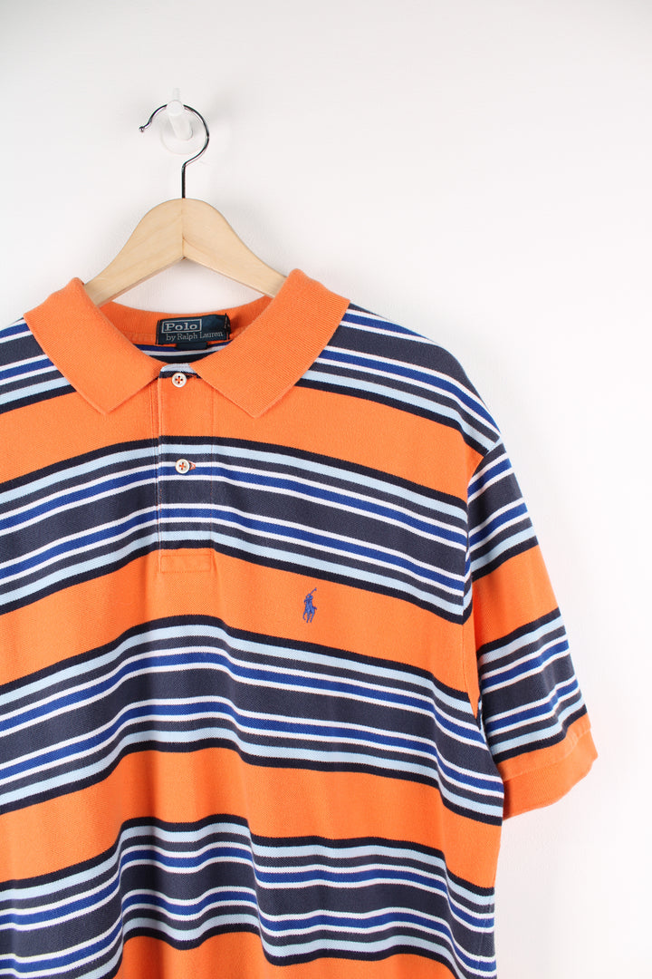 Vintage Ralph Lauren orange and blue striped polo shirt, features embroidered logo on the chest