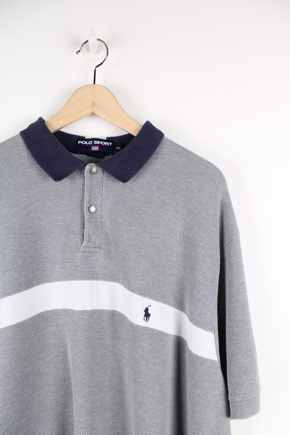 Vintage Polo Sport grey with white stripe polo shirt, features embroidered logo on the chest