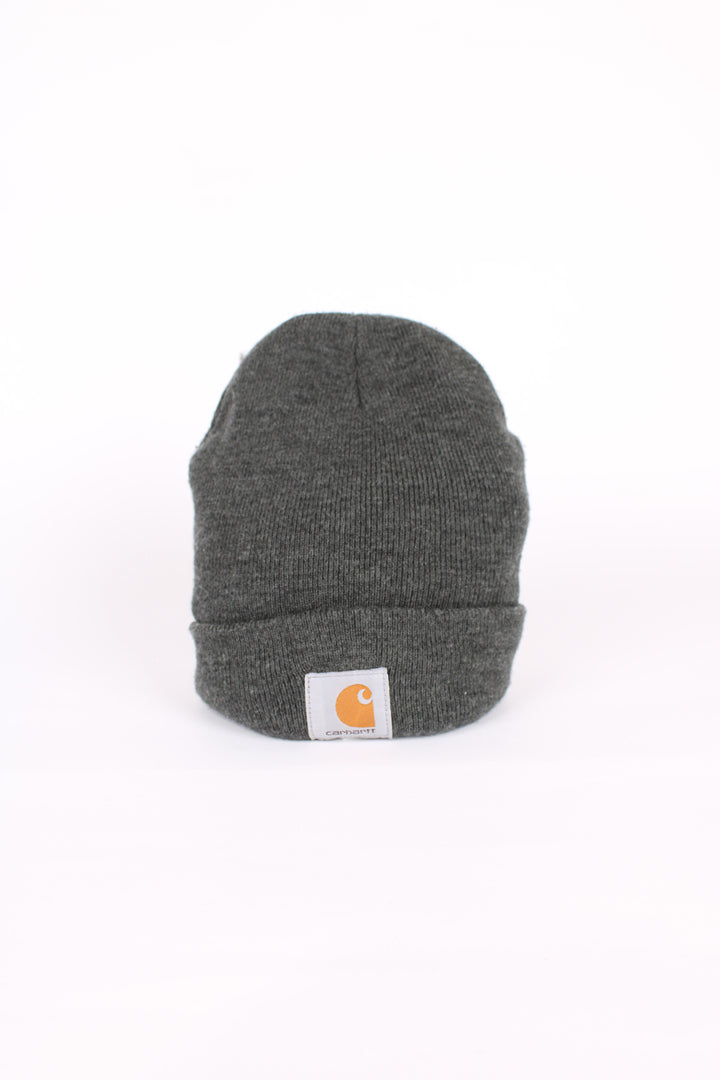 Carhartt grey beanie, cuffed with embroidered logo on the front. 