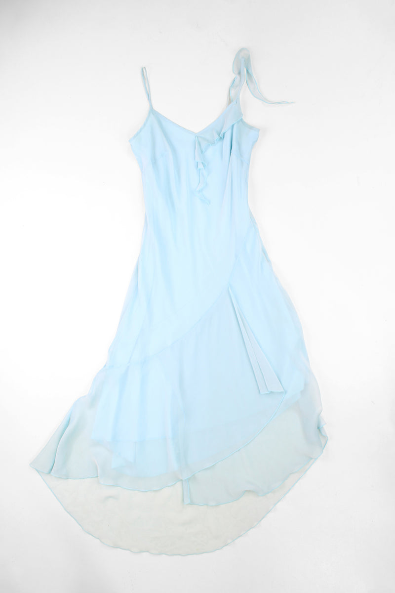 Y2K New Look midi dress with asymmetrical ruffle on hem line and neckline (laid flat in the photos). Made from a powder blue sheer outer layer with blue layer underneath.