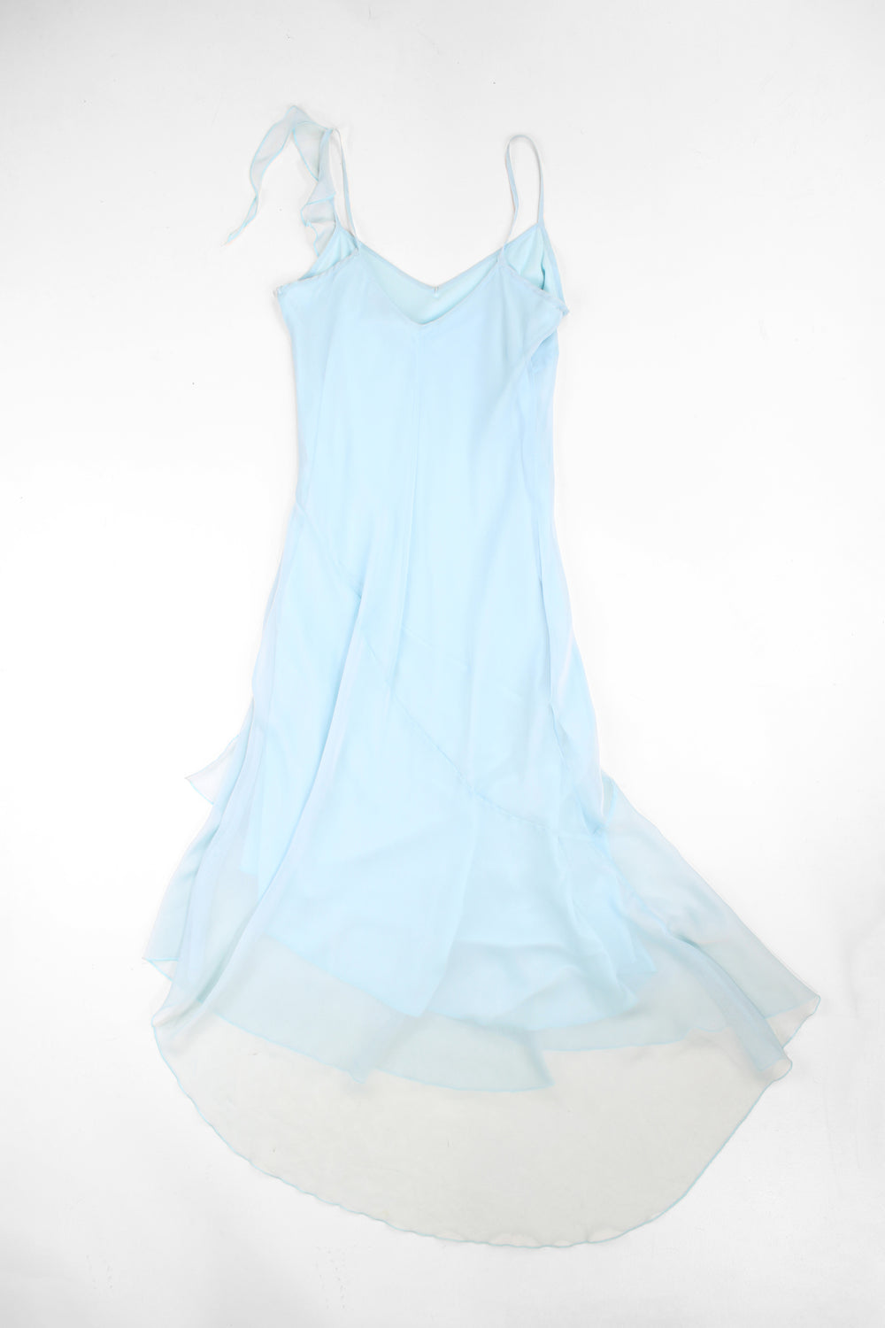 Y2K New Look midi dress with asymmetrical ruffle on hem line and neckline (laid flat in the photos). Made from a powder blue sheer outer layer with blue layer underneath.