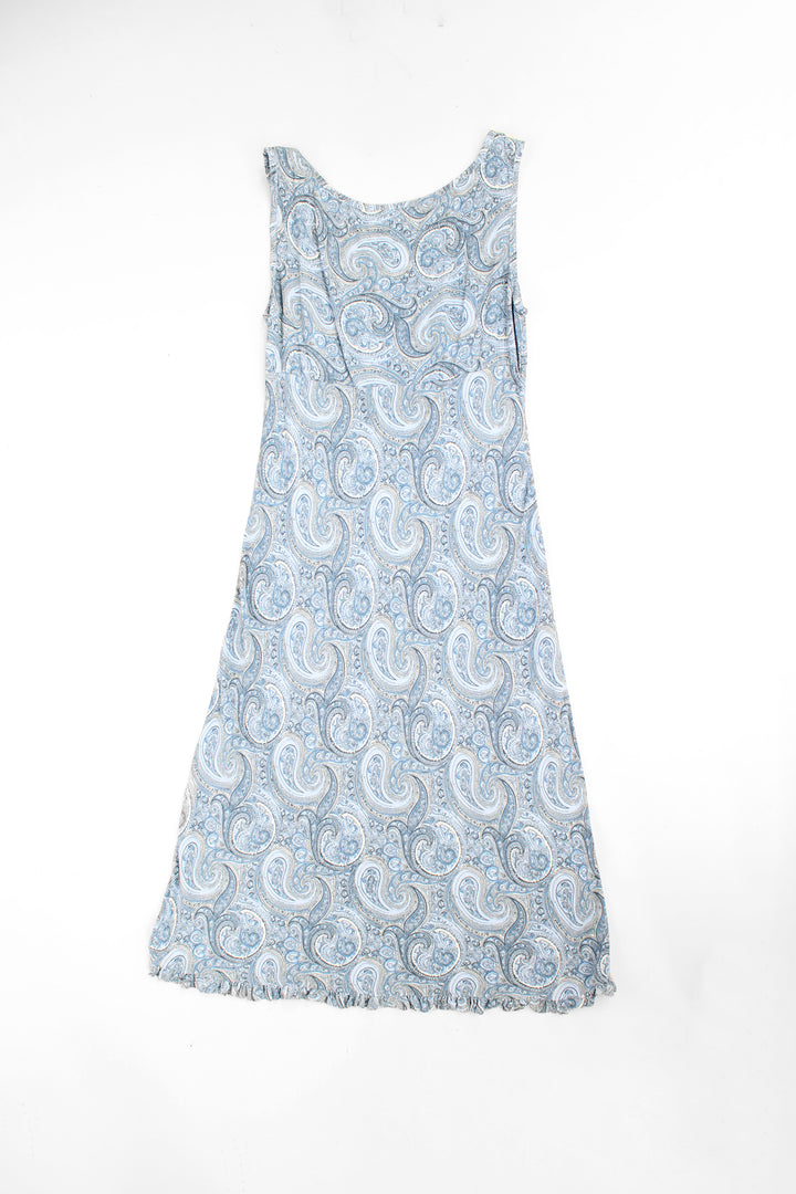 Baby blue paisley print 90's New Look maxi dress with ruched neckline and frilled hem 