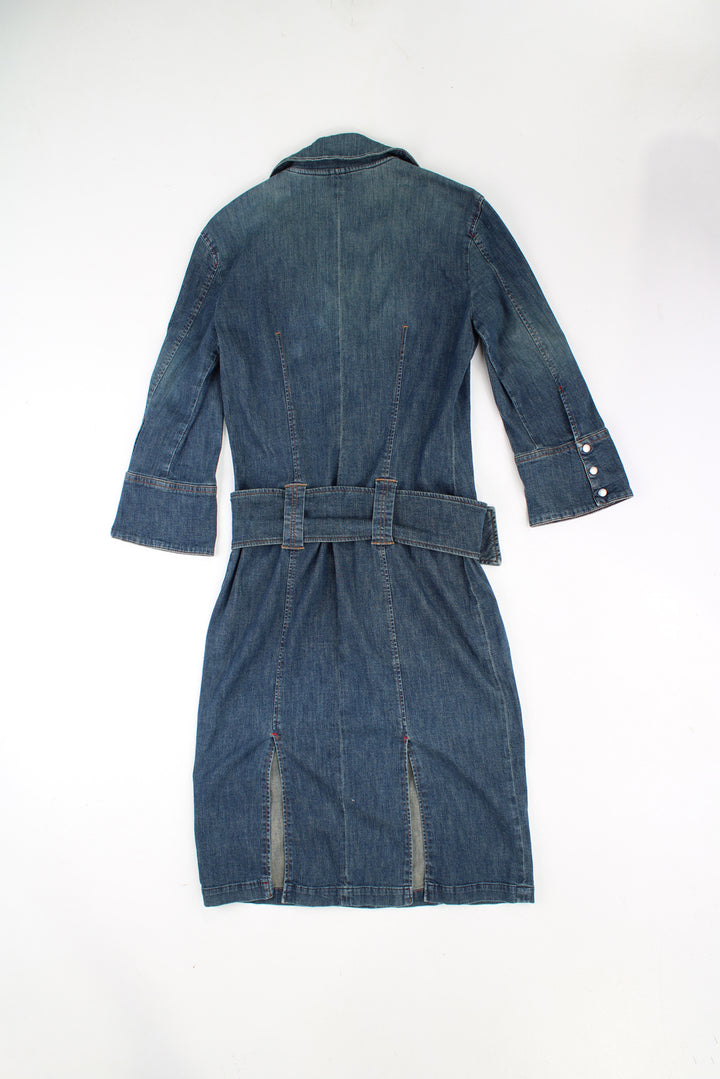 Vintage Y2K Miss Sixty denim zip up body-con dress with 3/4 length sleeve, big belt detail and deep v-neck 