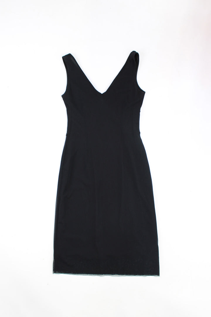 Black Y2K mid length dress by Oasis features floral beaded embellishment along the neckline